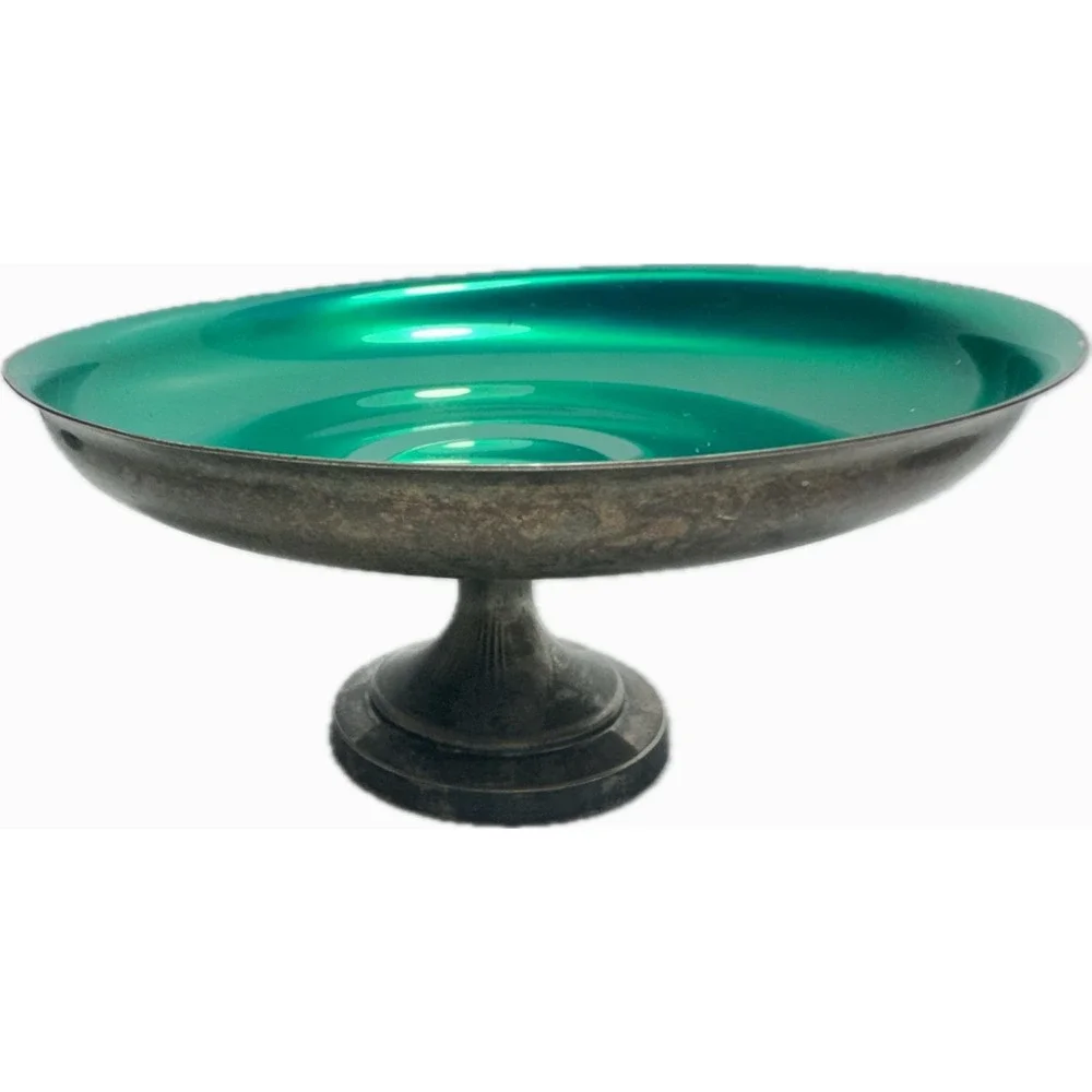 Vintage MCM Emerald Green Enamel Pedestal Bowl Silver Tone Metal Compote Dish